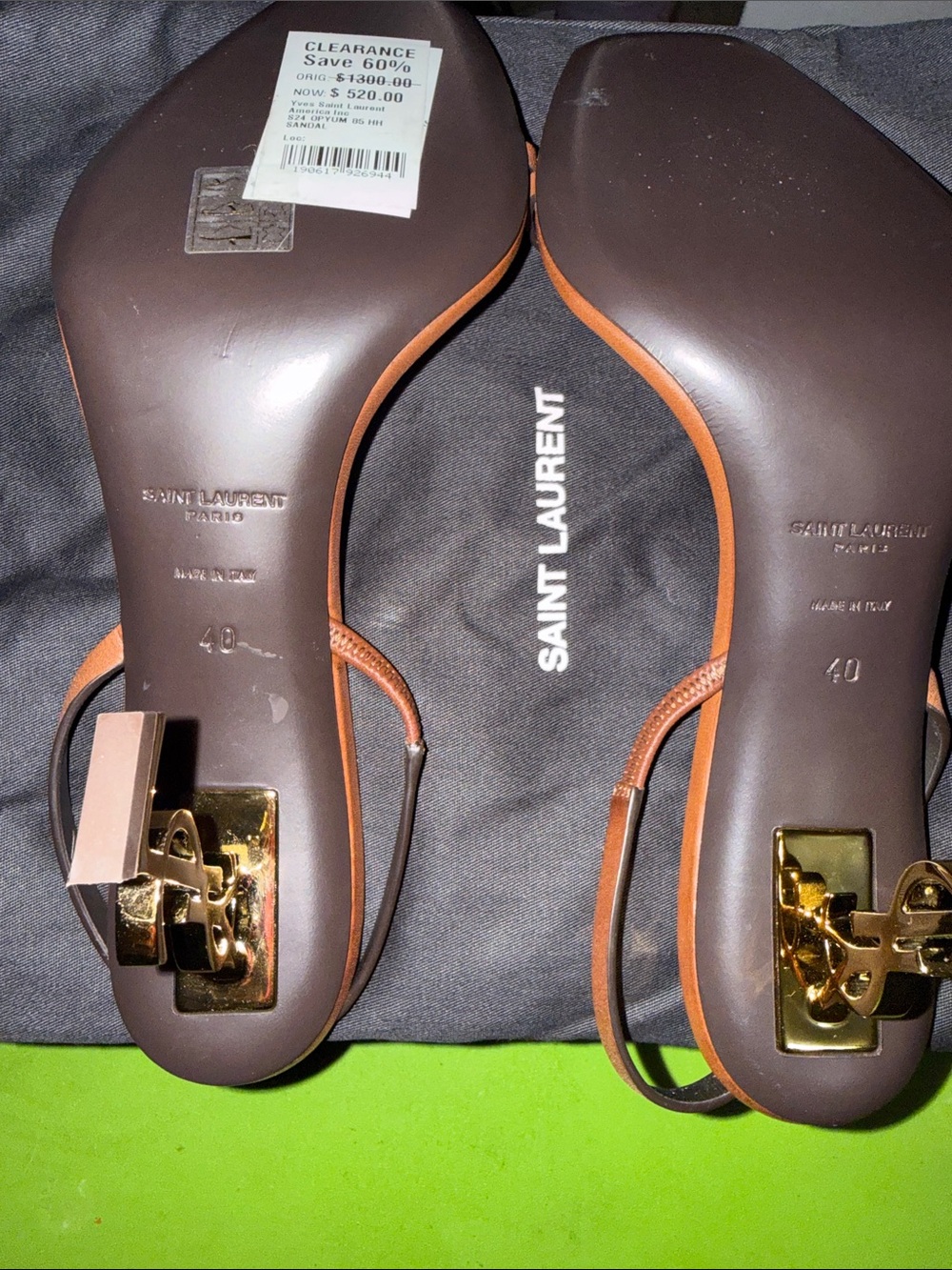 Yves Saint Laurent Brown Leather Logo Stiletto Sandal with Gold Heel - Picture 4 of 7